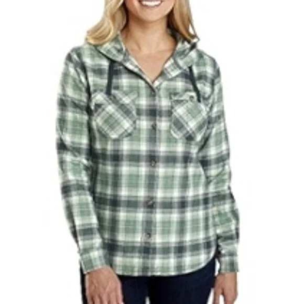 Carhartt Hooded Flannel Shirt Womens XS Green Plaid NWT Long Sleeve Outdoor Warm